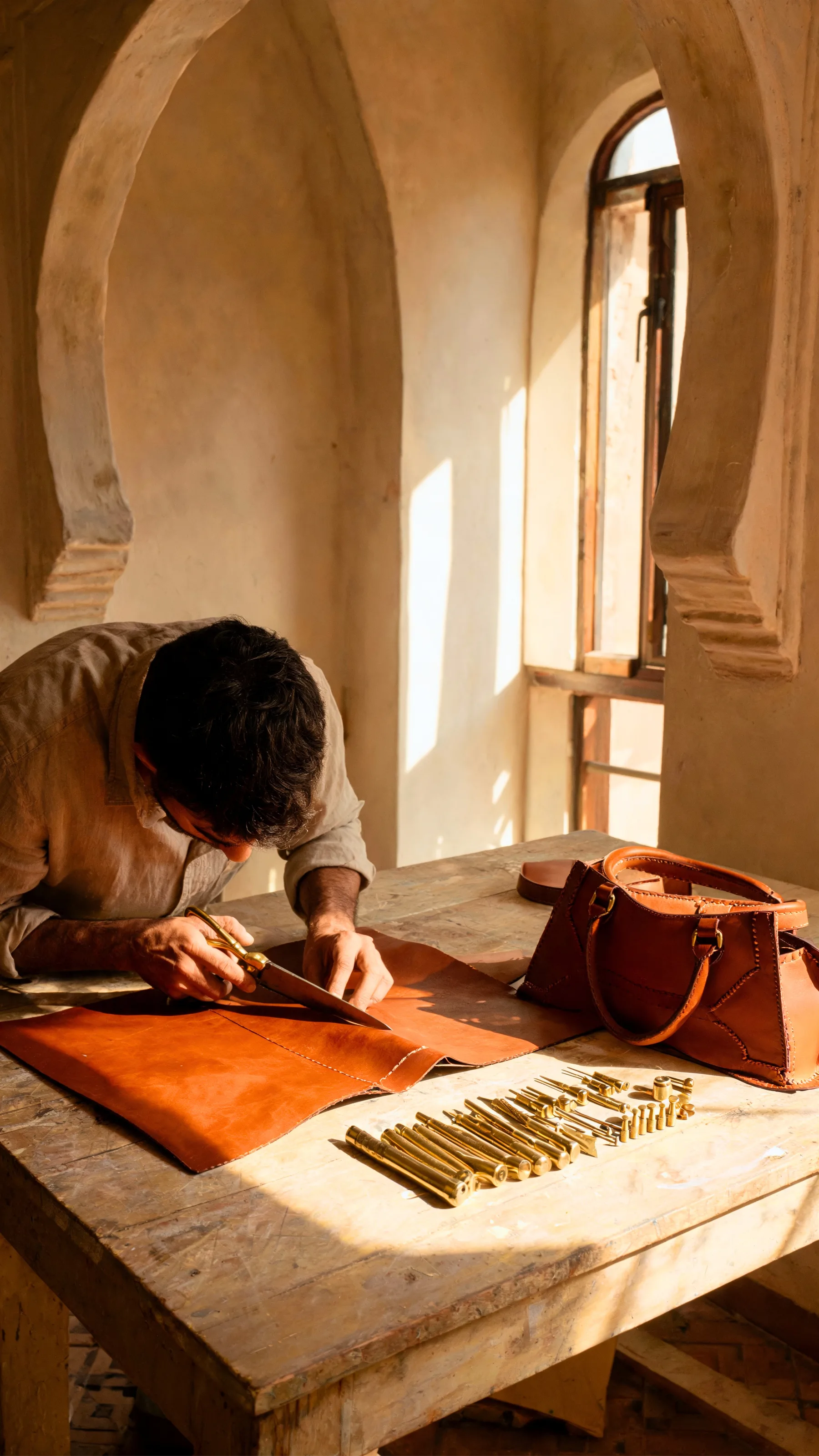 An artisan bent over the work at an arched window, brass hardware laid out, a finished tote beside him