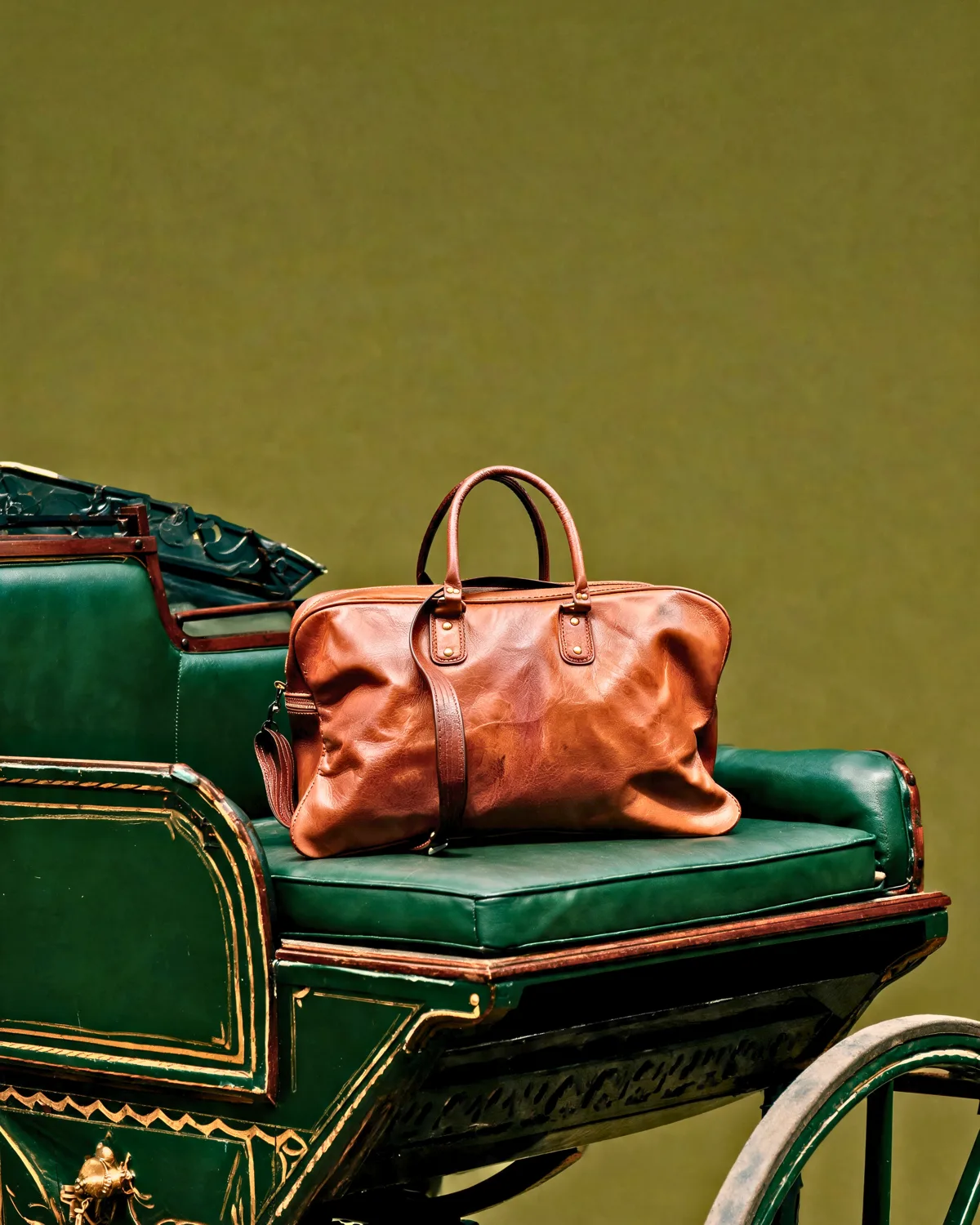 A cognac leather holdall resting on the green velvet seat of a Marrakech carriage