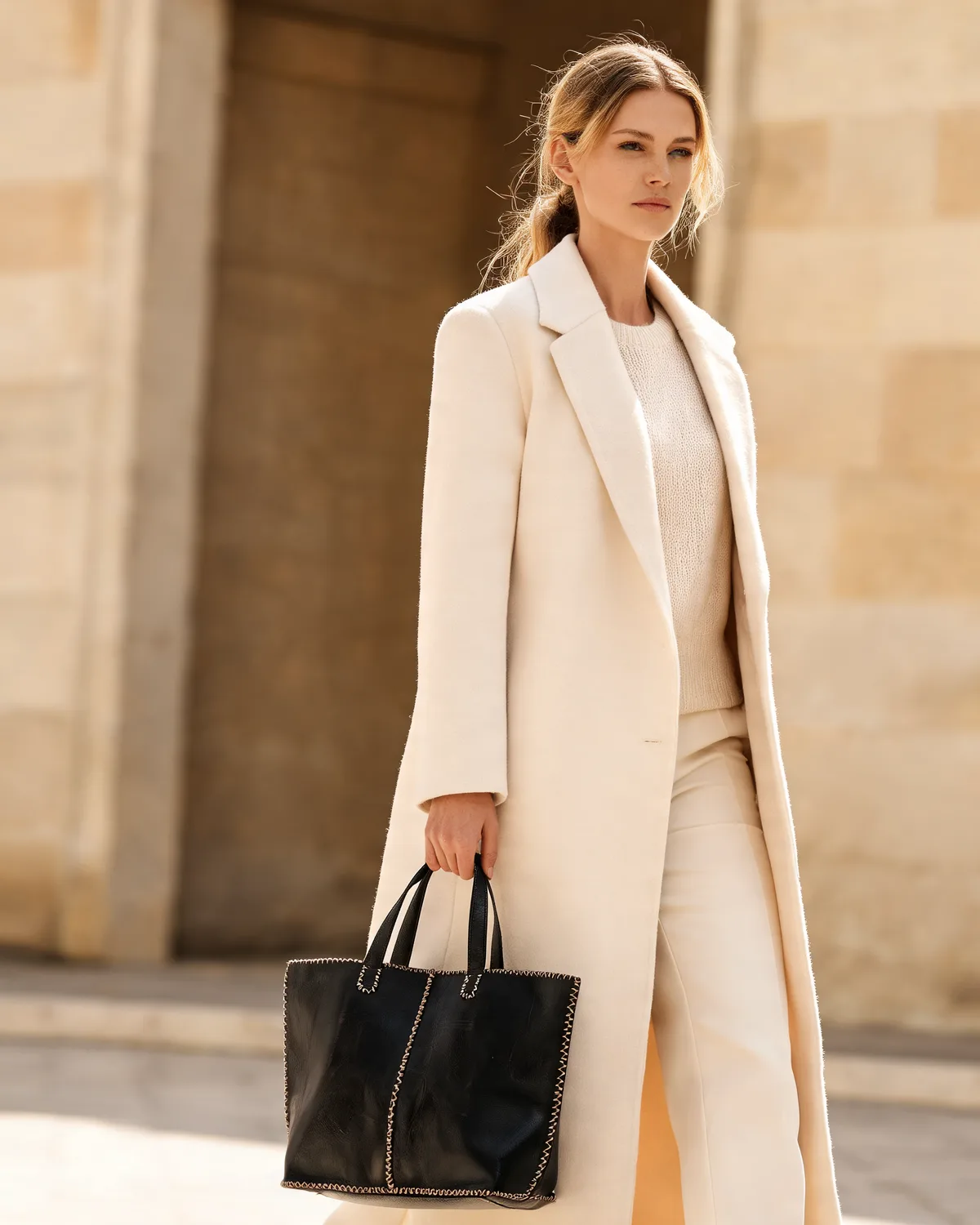 A woman in a cream coat carries the noir whipstitch tote past a sunlit limestone monument