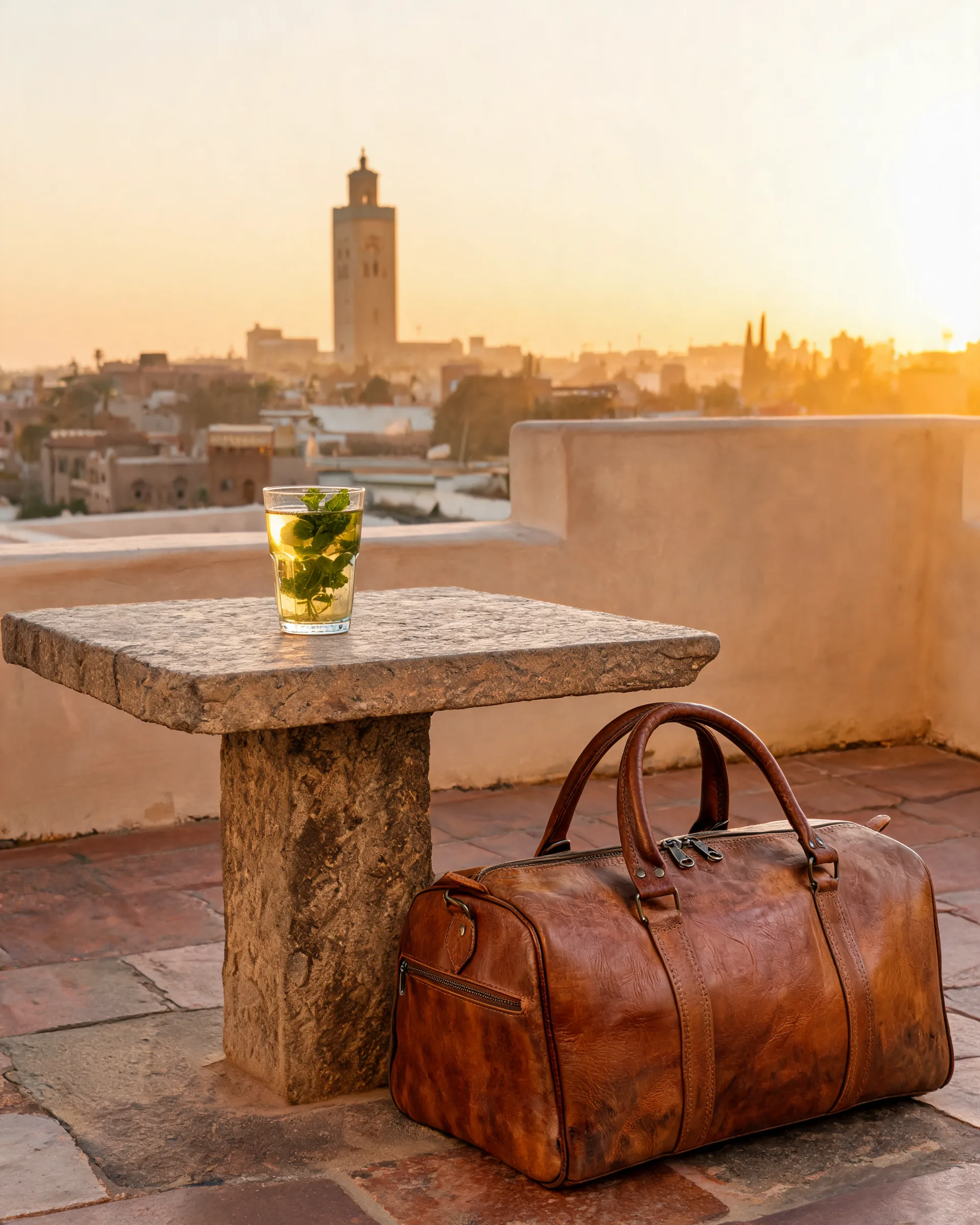 A cognac leather weekender beside a stone table with mint tea, on a Marrakech rooftop at golden hour