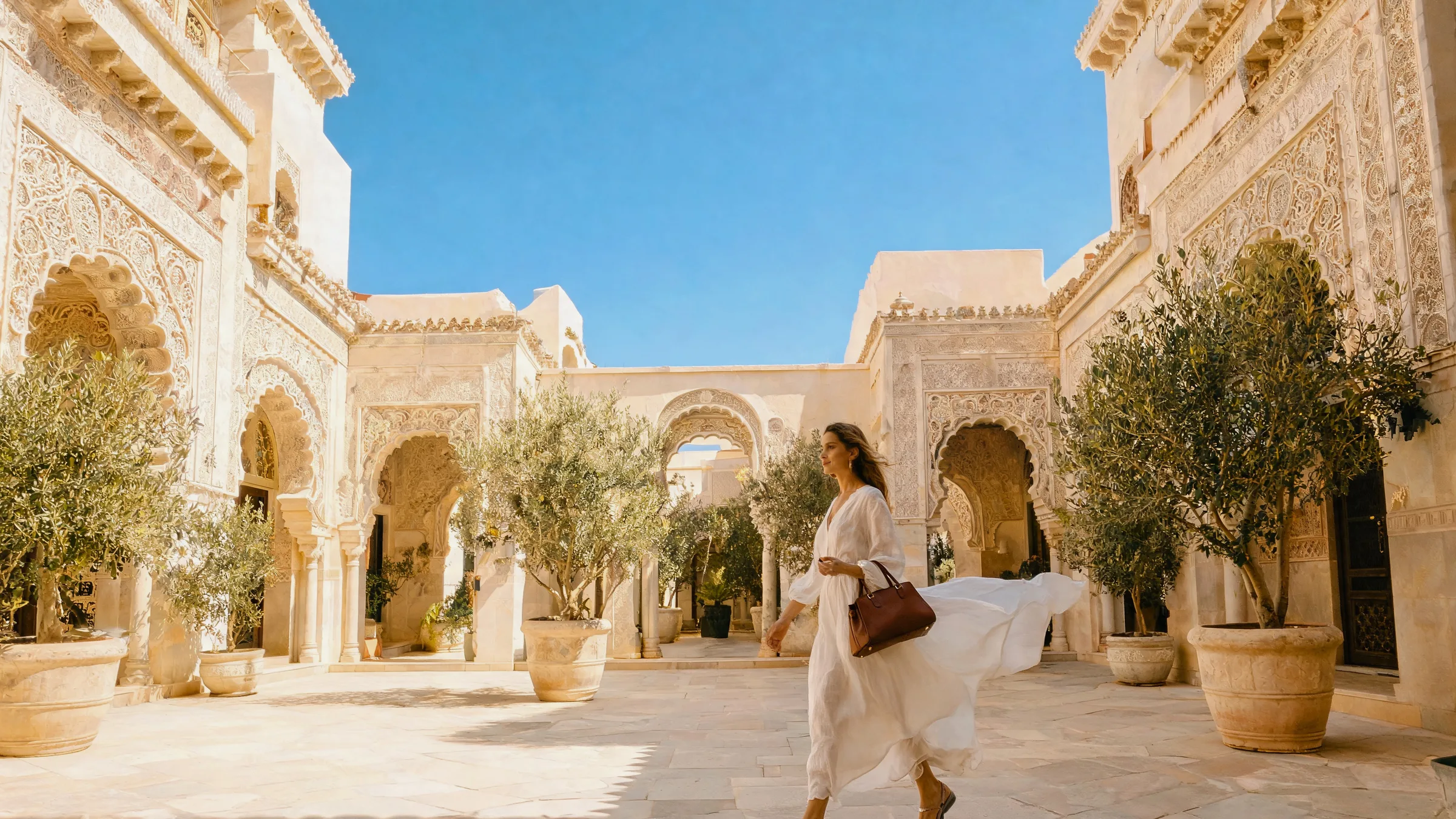 A woman in flowing white crosses a carved-plaster palace courtyard with olive trees, a cognac bag in hand