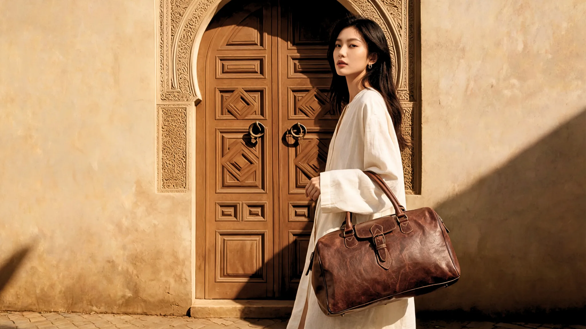 A woman in cream holds a chocolate leather duffle before a tall carved wooden door in warm light
