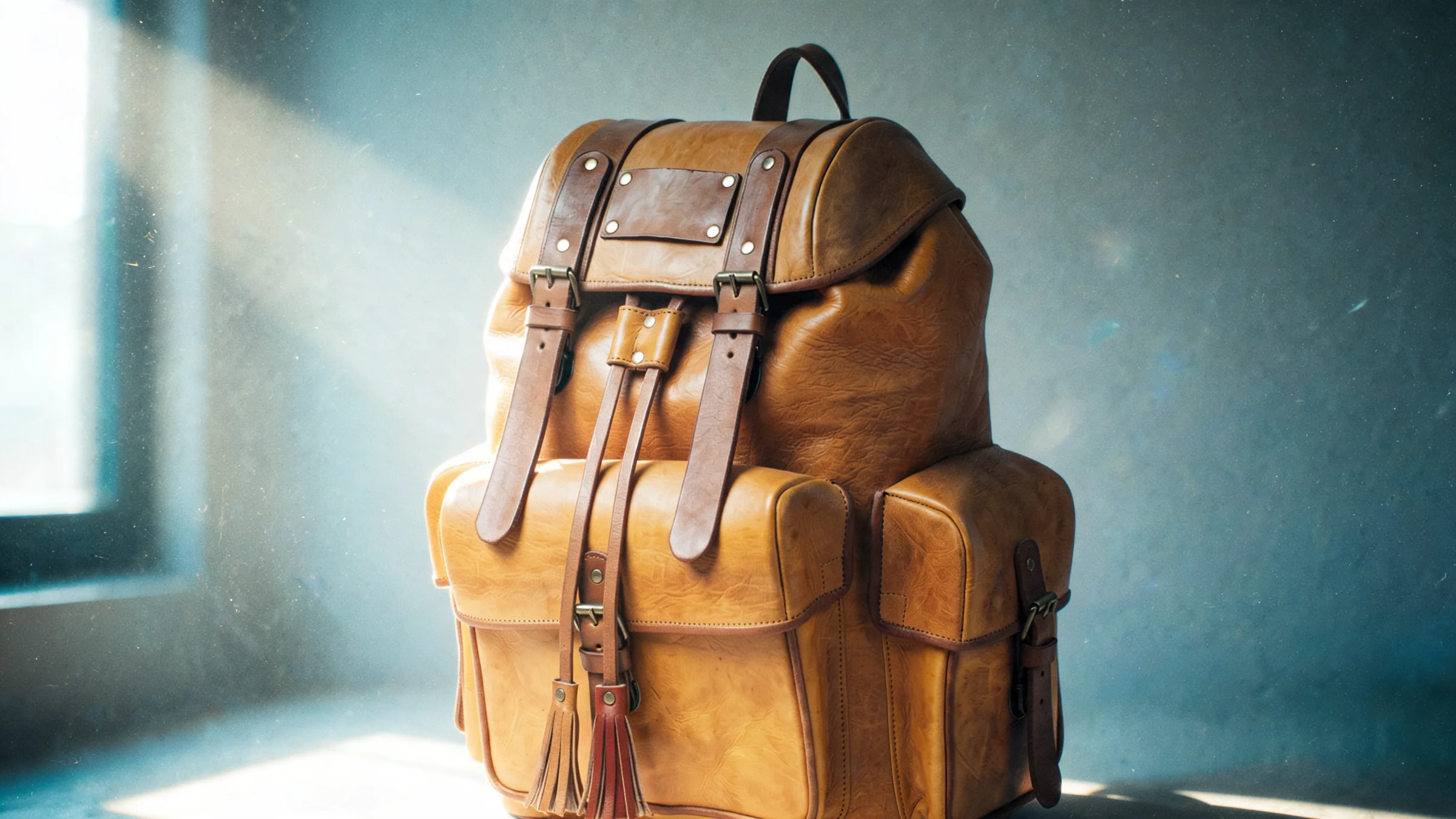 A tan full-grain leather rucksack in a quiet interior, a shaft of morning light across the wall