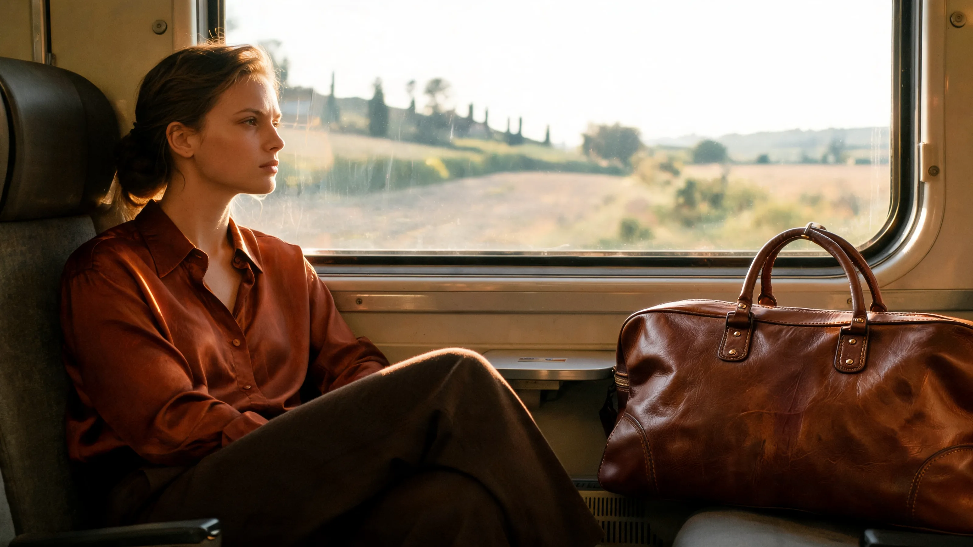 A woman in terracotta silk watches the countryside from a train seat, a cognac leather holdall beside her